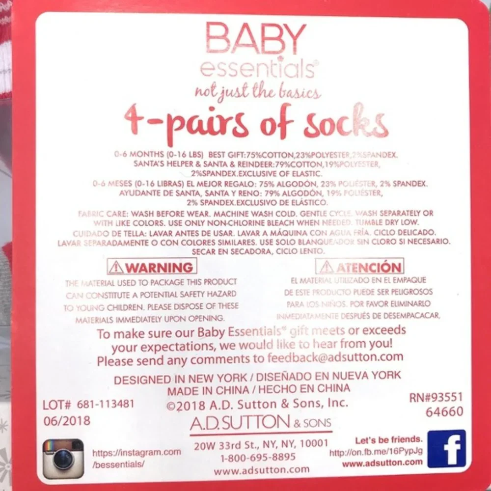 Baby Essentials Holiday Christmas 4 pairs of socks 0-6 mos. NEW in Box